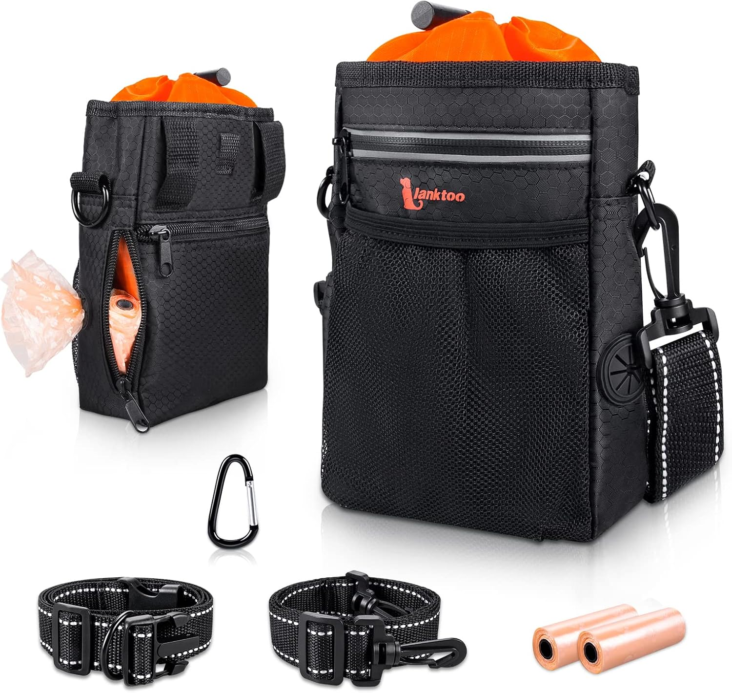 Dog Treat Pouch Bag with Poop Bag Holder, Waterproof Puppy Training Walking Bag W/Shoulder Strap, Waist Belt and Clip, Easily Carrying Dog Toys, Food (Black+Orange)
