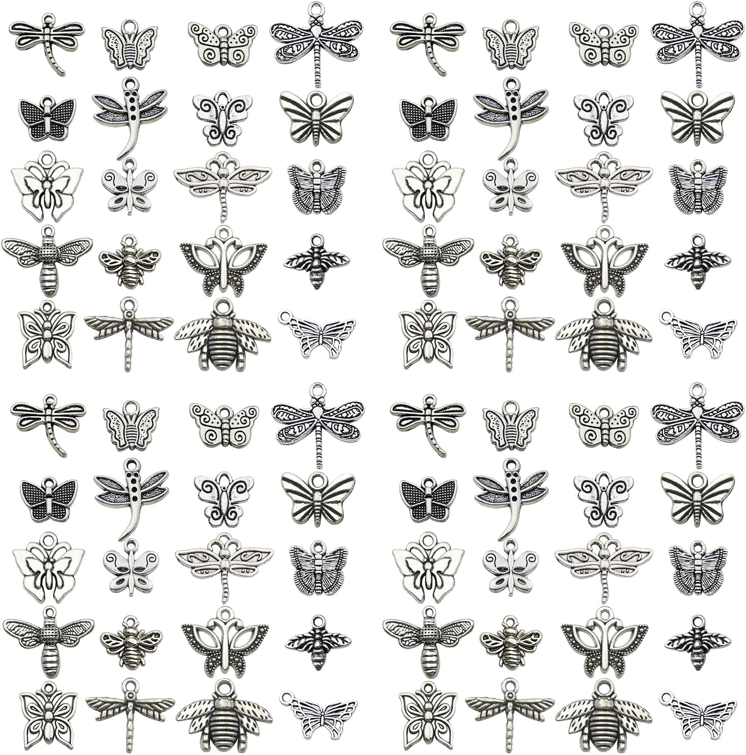 100Pcs Craft Supplies Mixed Butterfly Dragonfly Bee Insect Charms for Jewelry Making Crafting Findings Accessory for DIY Necklace Bracelet (Antique Sliver) SN845