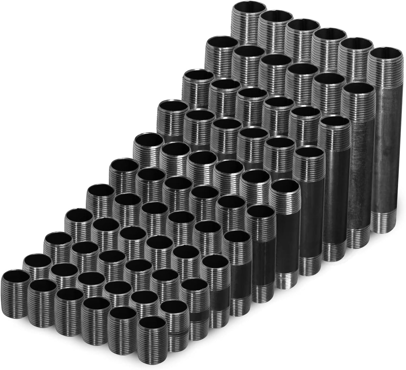 OQCB3400 3/4 Inch Assortment, Malleable Threaded Nipples,Steel Pipe Fittings for All Your DIY Vintage Shelving Projects, Black (Includes 6 of Each Size, 1-6 Inches 66 Pieces in Total)