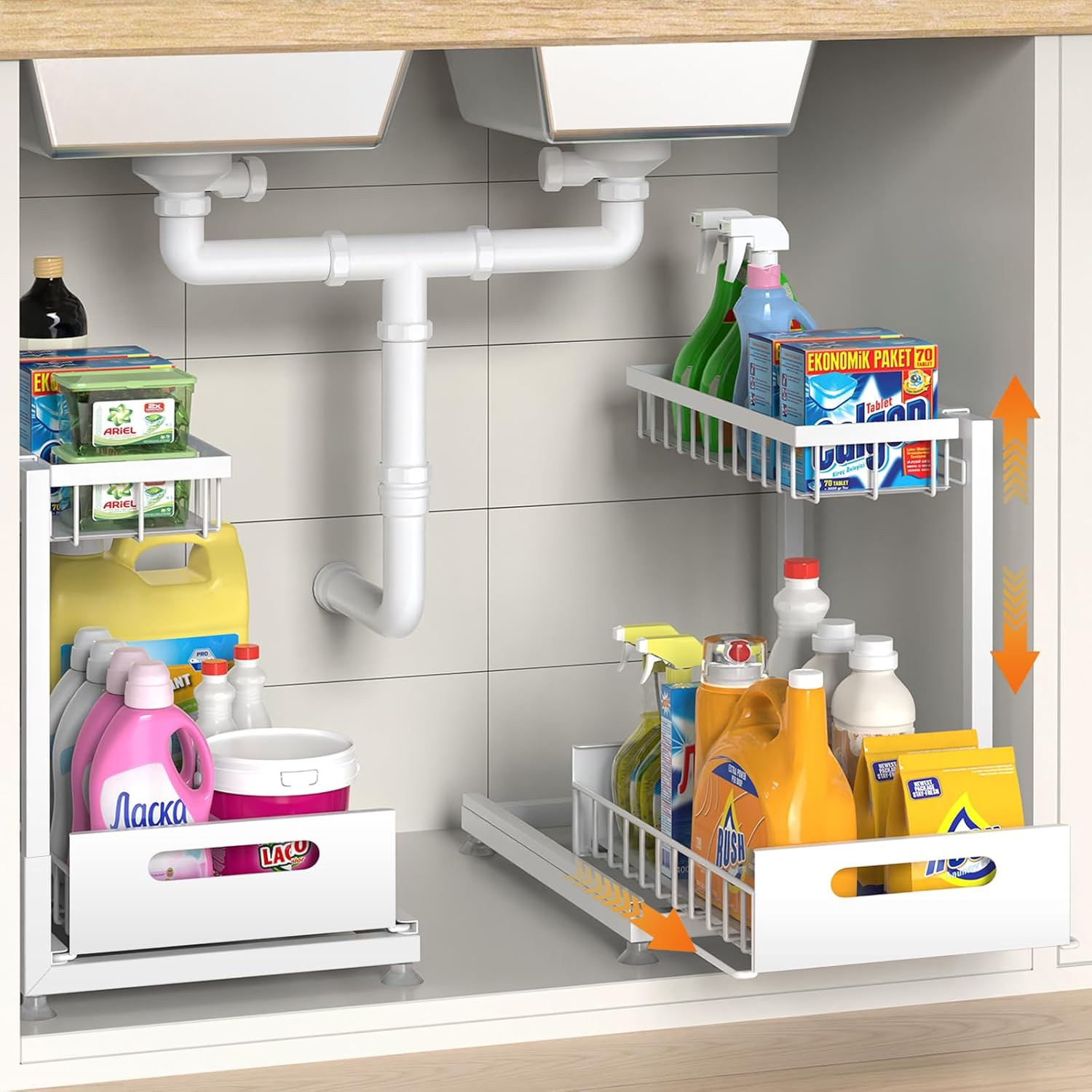 2 Pack under Sink Organizer Storage 2-Tier Sturdy Steel Pull-Out Racks, Height Adjustable, Easy Installation | Kitchen & Bathroom Organizers White