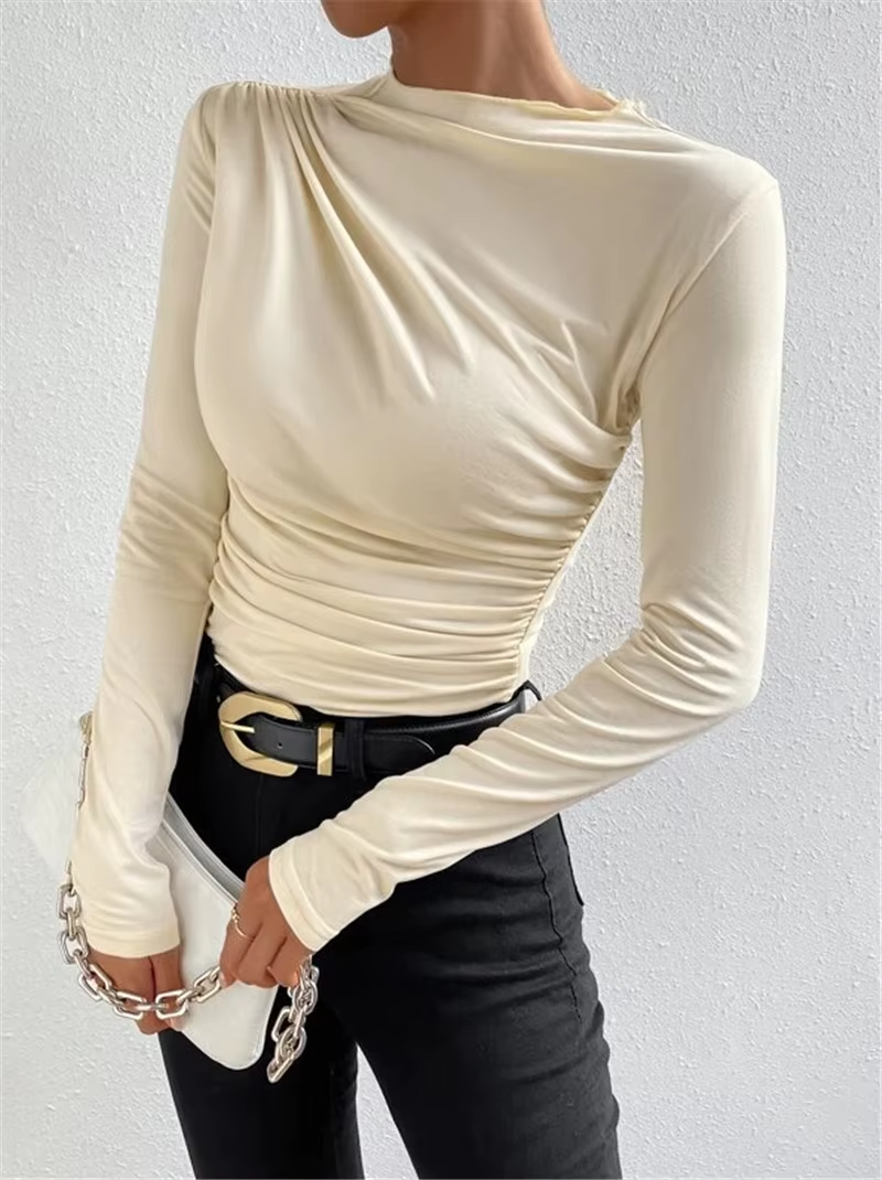 Fashion Lady'S Shirt Solid Color Slim Long Sleeve Designer T-Shirt Pleated Blouse Shirts for Women