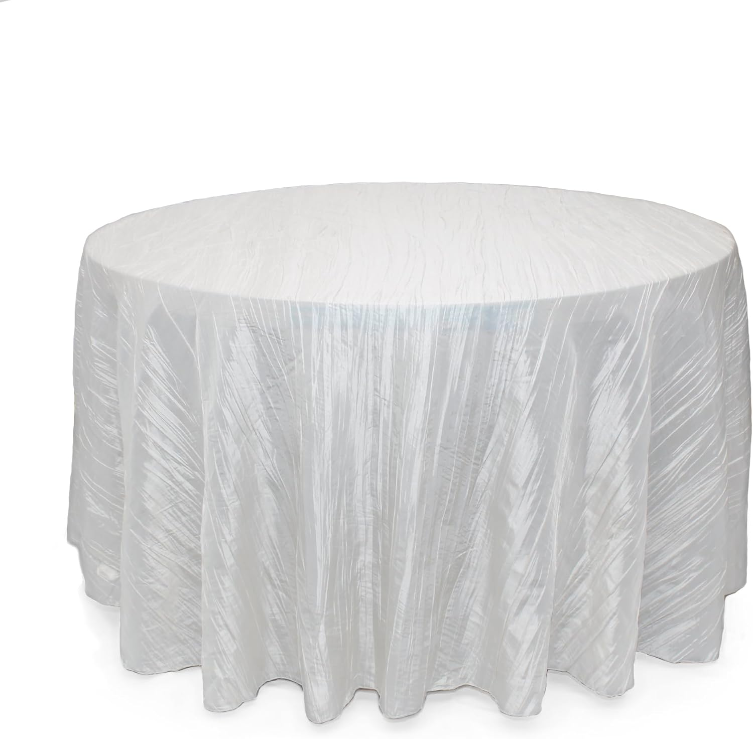 - 120 Inch round Crinkle Taffeta Tablecloth - White, Crushed Shiny Dining Table Cloth for Wedding Party Birthday Baby Bridal Shower