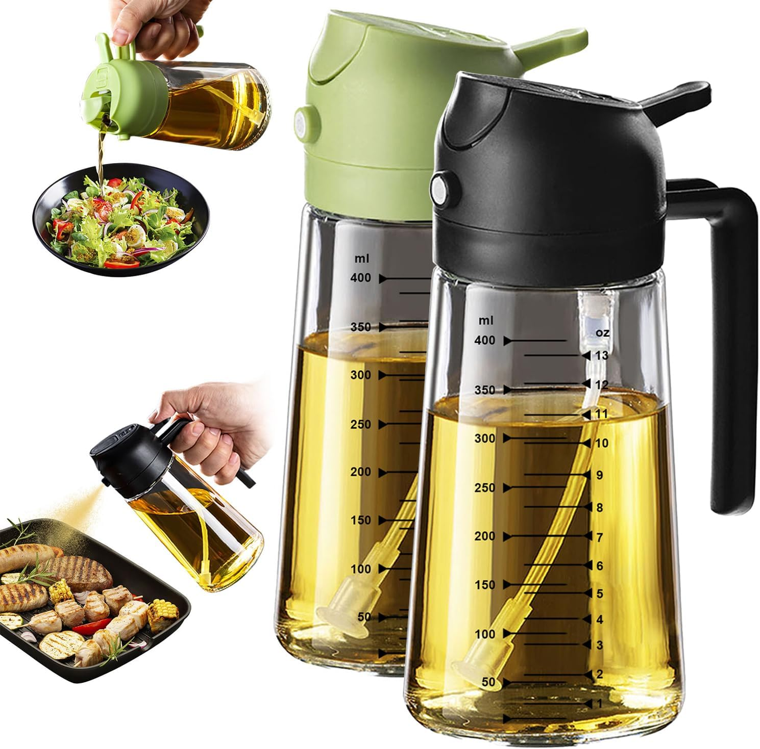 Trendplain 16Oz/470Ml Glass Olive Oil Sprayer for Cooking – 2 in 1 Olive Oil Dispenser Bottle for Kitchen Gadgets and Air Fryer Accessories, Salad, BBQ - Black & Green