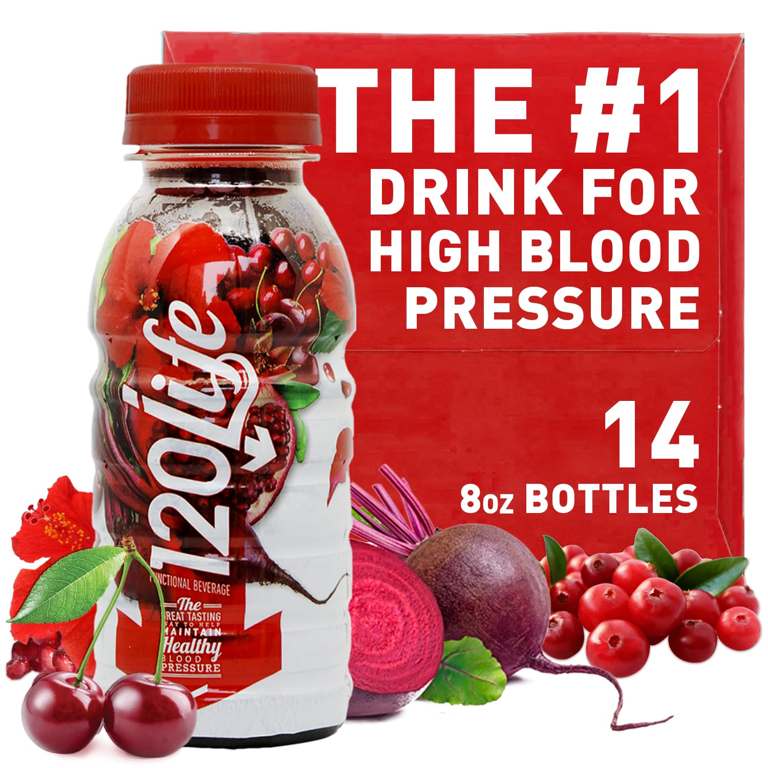 Blood Pressure Support, Beet Root Juice, Pomegranate Extract, Cranberry Juice, Tart Cherry, Hibiscus, and Magnesium (8 Fl Oz, Pack of 14) - Gluten-Free & Vegan