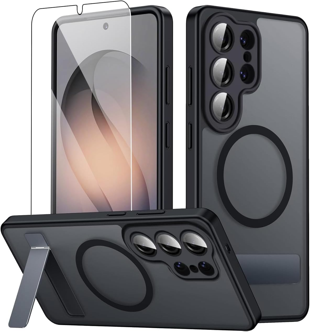 Magnetic for Samsung Galaxy S26 Ultra Case with Stand and Screen Protector & Camera Protector,Galaxy S 26 Ultra Case Compatible with MagSafe,Matte Translucent Shockproof Slimi Phone Case -Black