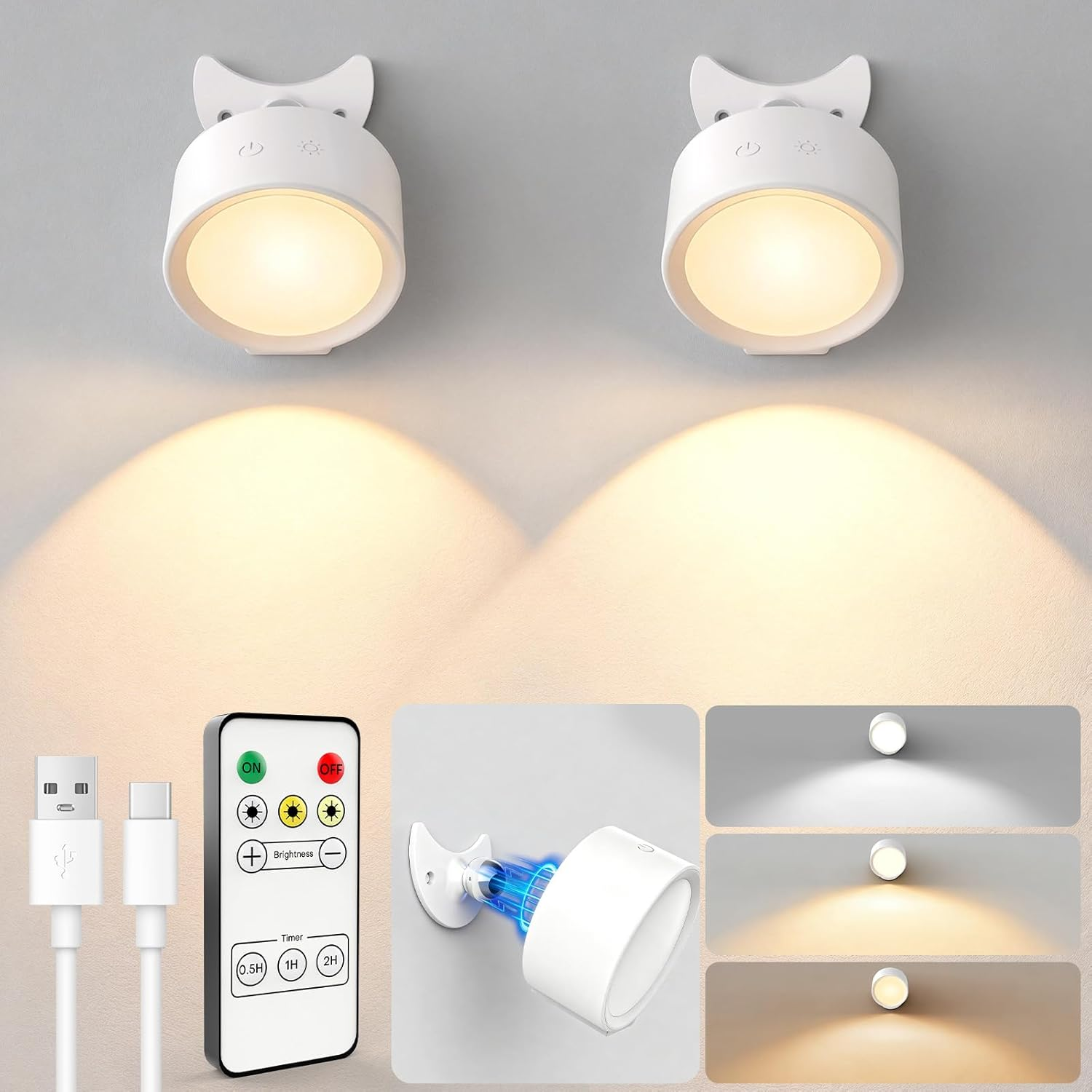 LED Wall Lights, [160H Battery Operated] Wireless Rechargeable Mounted, 3 Color & 4 Brightness Level & 360Â°Rotate & Touch or Remote, Wall Sconces for Reading Bedroom(White,Set of 2)