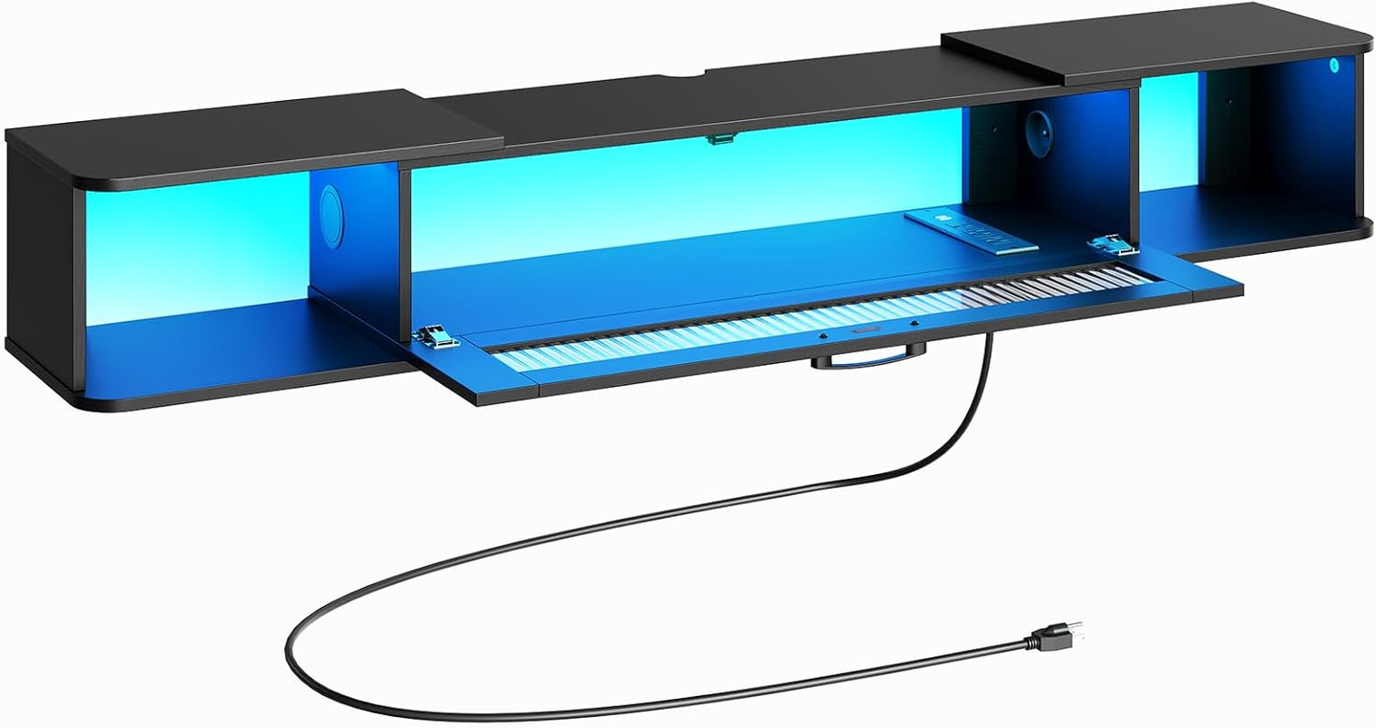 Floating TV Stand with LED Light Power Outlet for Tvs up to 65”, Wall Mounted TV Shelf, Modern Media Console Entertainment Center under TV, for Living Room Bedroom, Black BK34UDDS01G1