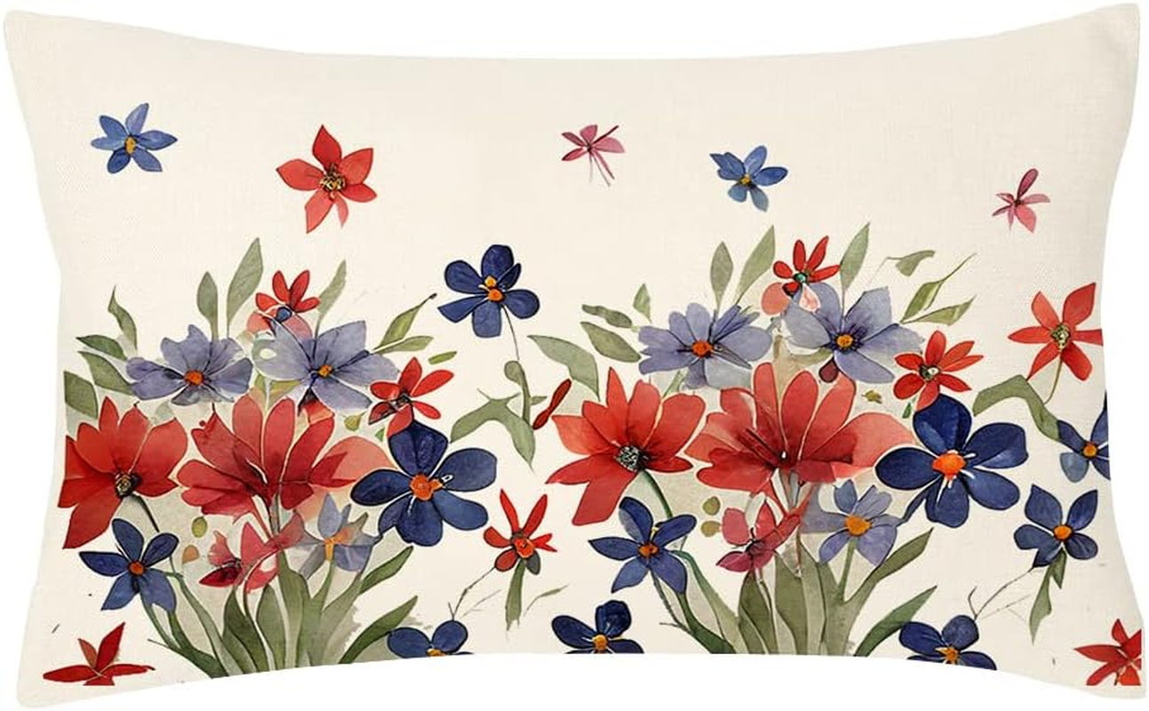 4Th of July Decorations Pillows Decorative Throw Pillows 12X20,Floral Fourth of July Throw Pillow Covers,Patriotic Pillows Memorial Day Decor Independence Day for Outdoor Couch
