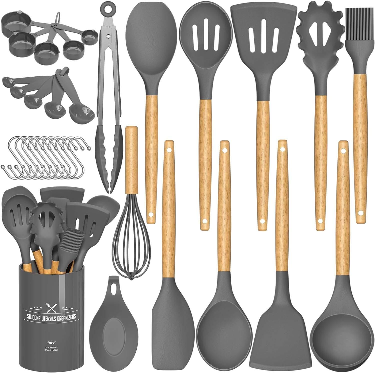 Kitchen Cooking Utensils Set, 33 Pcs Non-Stick Silicone Spatula Set with Holder, Woodle Handle Heat Resistant Gadgets Utensil (Gray)