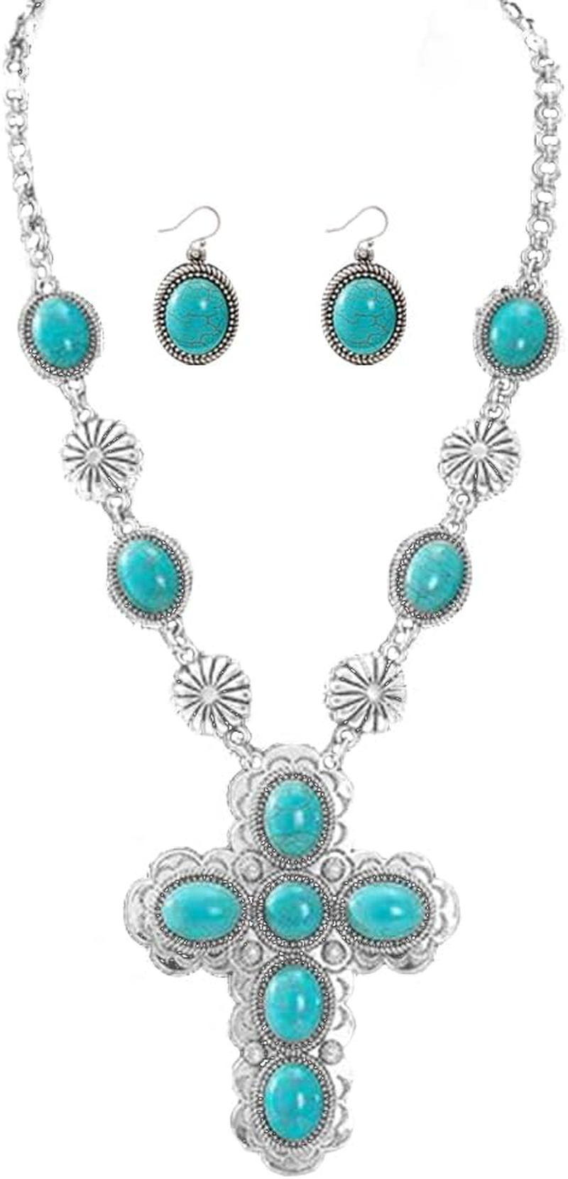 Cross Turquoise Necklace Earring for Women Western Bohemian Turquoise Pendant Long Choker Vintage Dangle Daisy Flower Earring Cowgirl Wedding Party Holiday Gift for Her Birthday Jewelery Set