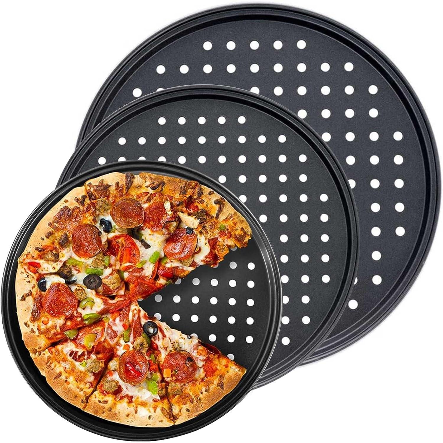 Pizza Pan Set, Carbon Steel Pizza Pan with Holes, for Oven Baking Supplies & Home, Kitchen, Restaurant（9 Inch &10 Inch &12 Inch）