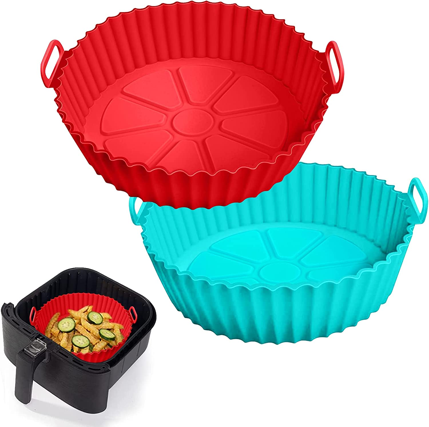 2 Pack Air Fryer Silicone Liners Pot for 3 to 5 QT, Basket Bowl, Replacement of Flammable Parchment Paper, Reusable Baking Tray Oven Accessories, Red+Blue, (Top 8In, Bottom 6.75In)