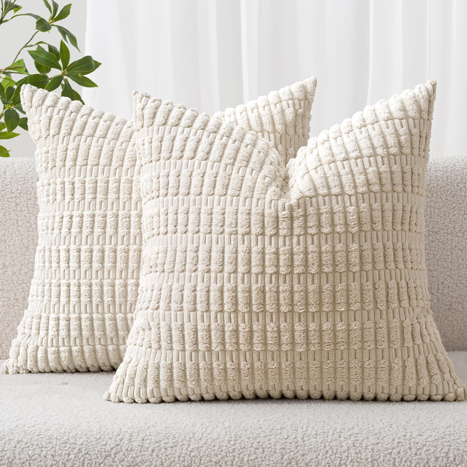 Pack of 2 Corduroy Decorative Throw Pillow Covers 18X18 Inch Soft Boho Striped Pillow Covers Modern Farmhouse Home Decor for Sofa Living Room Couch Bed Cream White