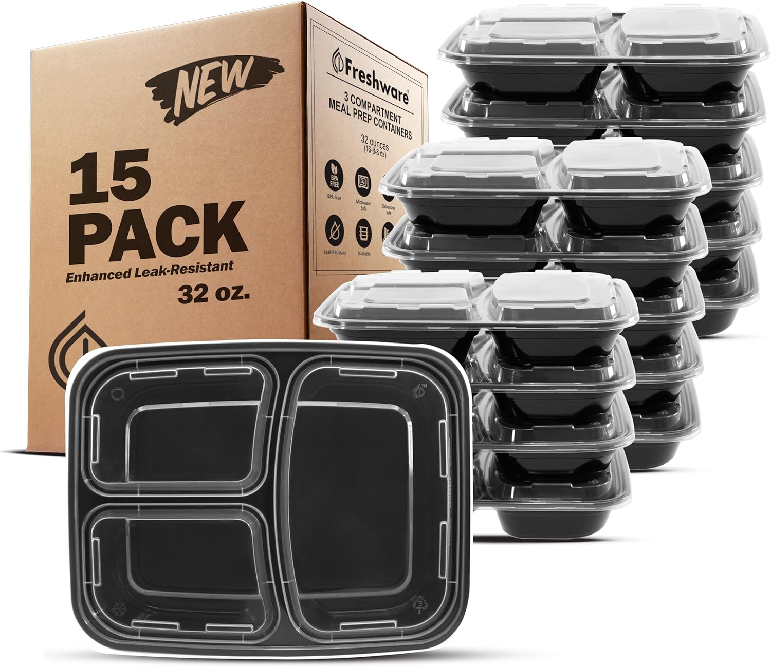 Bento Box Meal Prep Containers, 3-Compartment, 32 Ounce, 15-Pack
