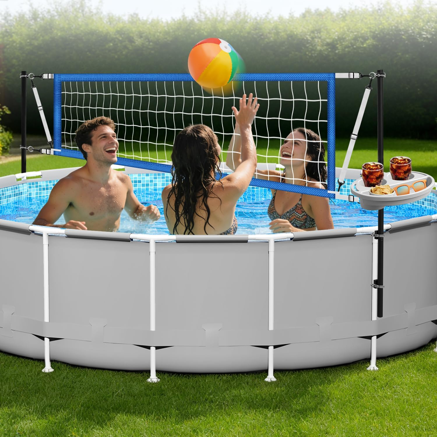 Above Ground Pool Volleyball Net Set with Storage Tray – Adjustable 10-20FT Anti-Sag Net, Poles, Ball & Installation Accessories – Fun Outdoor Swimming Water Games for Kids Adults Family