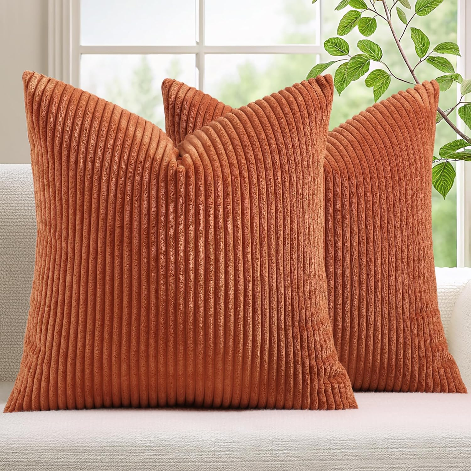 Mecatny Corduroy Decorative Fall Throw Pillow Covers 18X18 Set of 2 for Sofa Bedroom Living Room, Stylish Soft Couch Pillow Covers for Home Decor, Rust