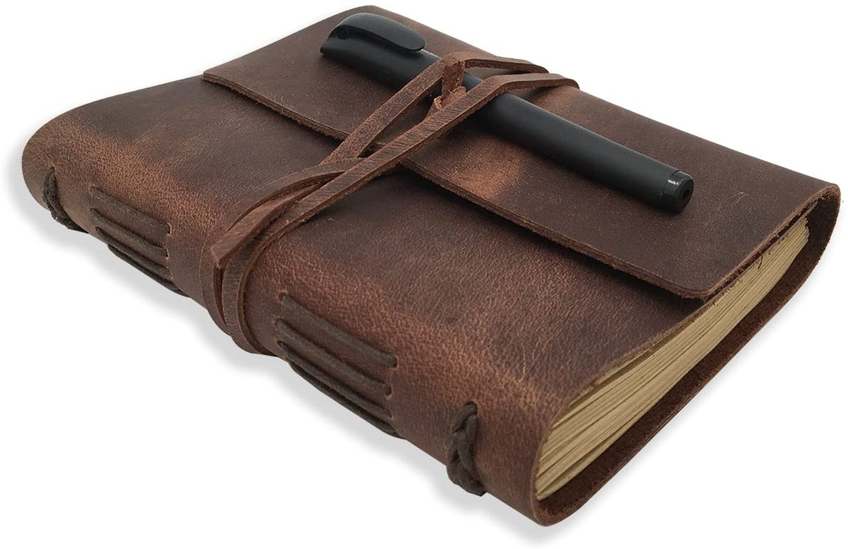 Leather Journal Writing Notebook - Genuine Leather Bound Daily Notepad for Men & Women Lined Paper 240 Kraft Pages, Handmade, Rustic Brown, 5 X 7 In