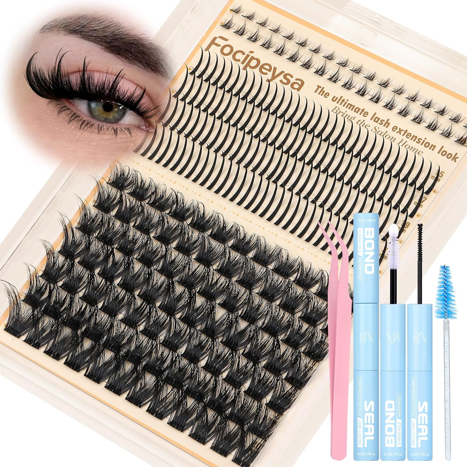 Volume Eyelash Clusters Kit with Spike Lash Cluster Bottom Individual Lash Extensions Wispy Individual Eyelash Extensions Kit with Lash Bond and Seal DIY Lash Clusters at Home