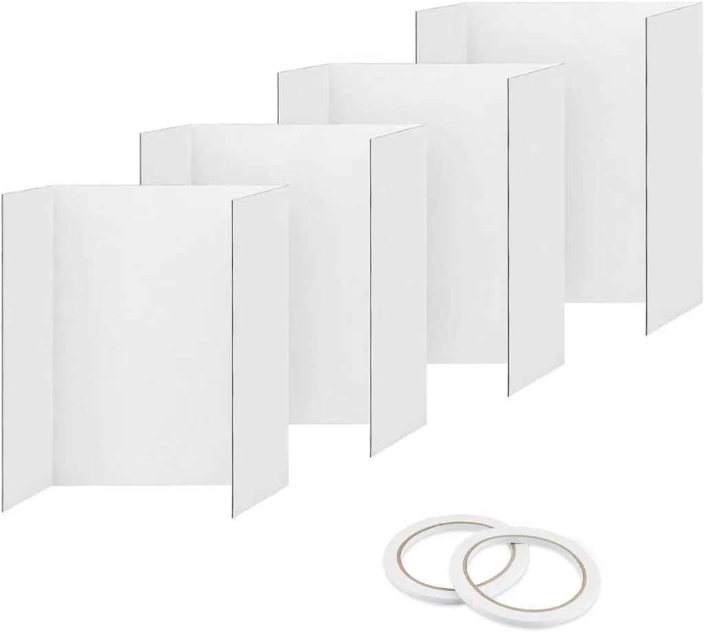 Tri-Fold Presentation Boards, 4Pcs Trifold Poster Board with Tape, White Corrugated Display Board, White Corrugated Project Boards for Science Fairs, 24X16 Inches