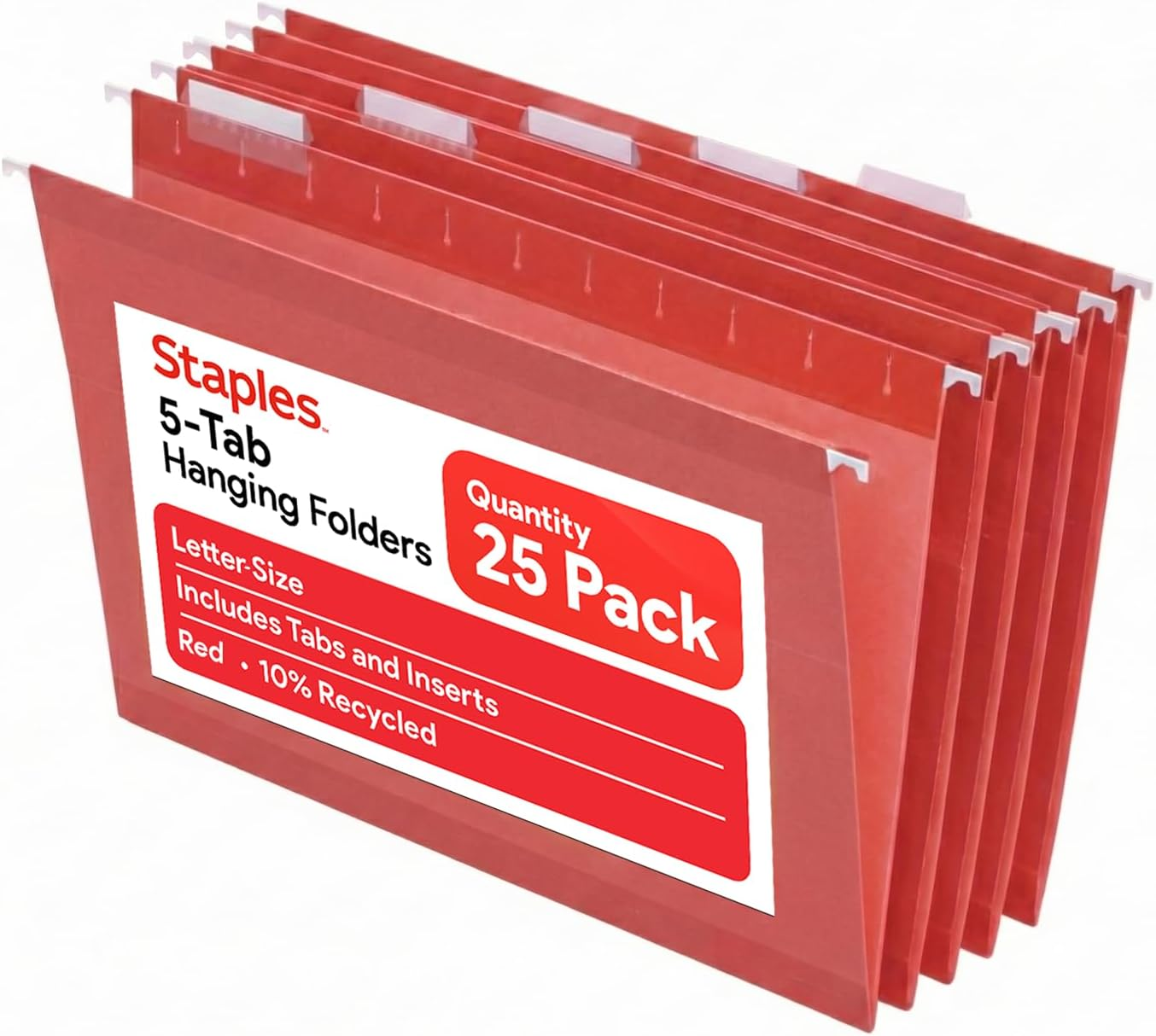 Staples Hanging File Folders, Letter Size, Red, 1/5‑Cut Tabs, Tear‑Resistant Durable Construction – 25/Pack