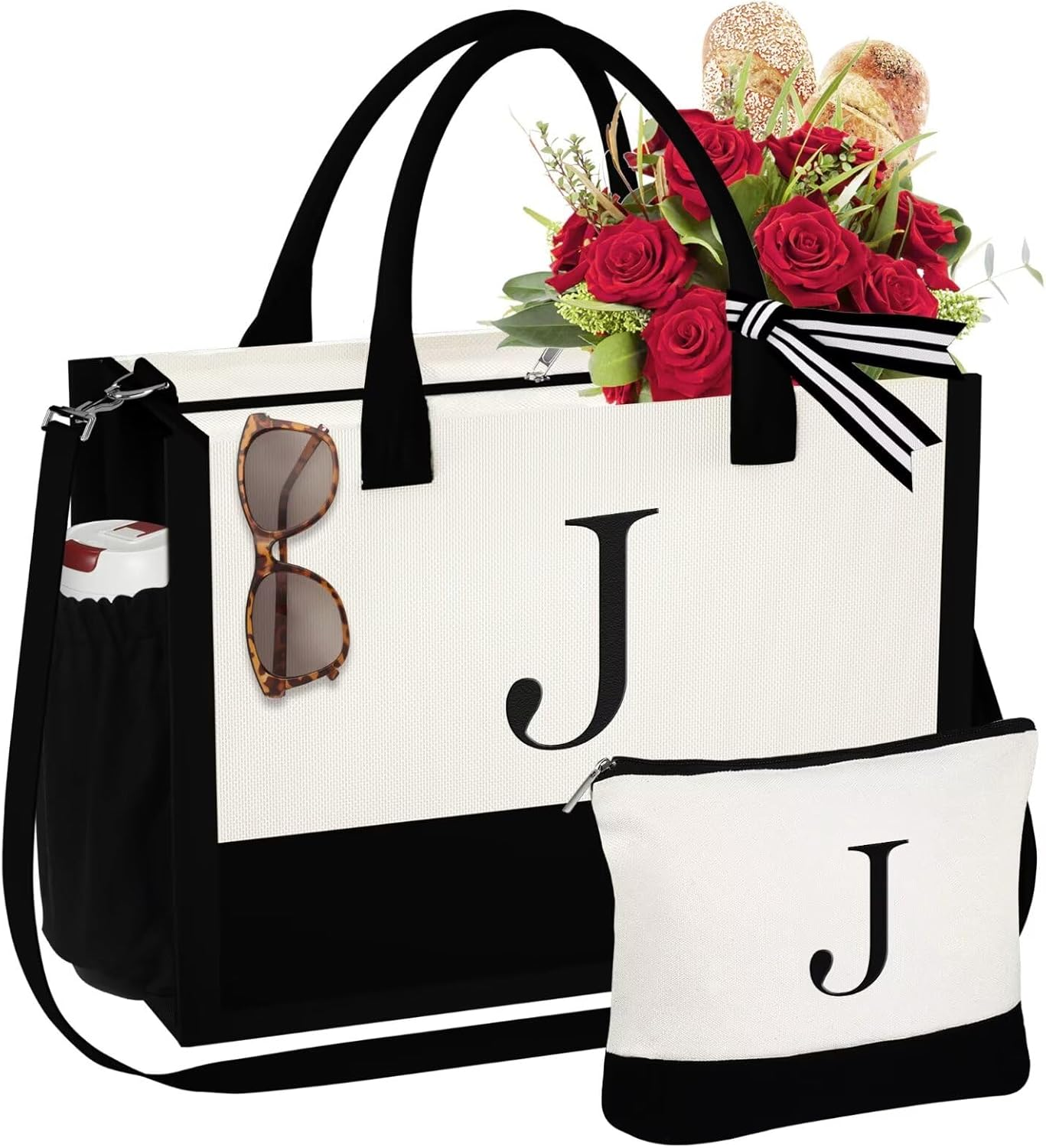Gifts for Women - Initial Tote Bag & Makeup Bag, Birthday Gifts for Women Mom Wife Teacher Friend