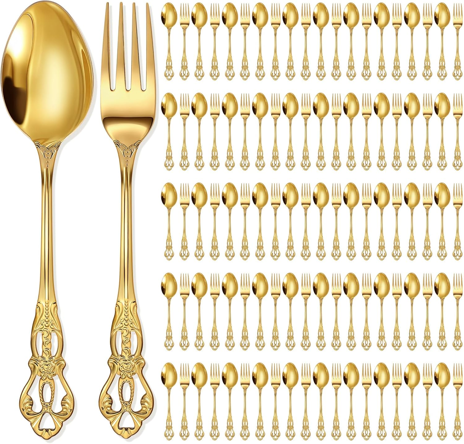 100 Pcs Gold Stainless Steel Forks & Spoons Set, Retro Flatware