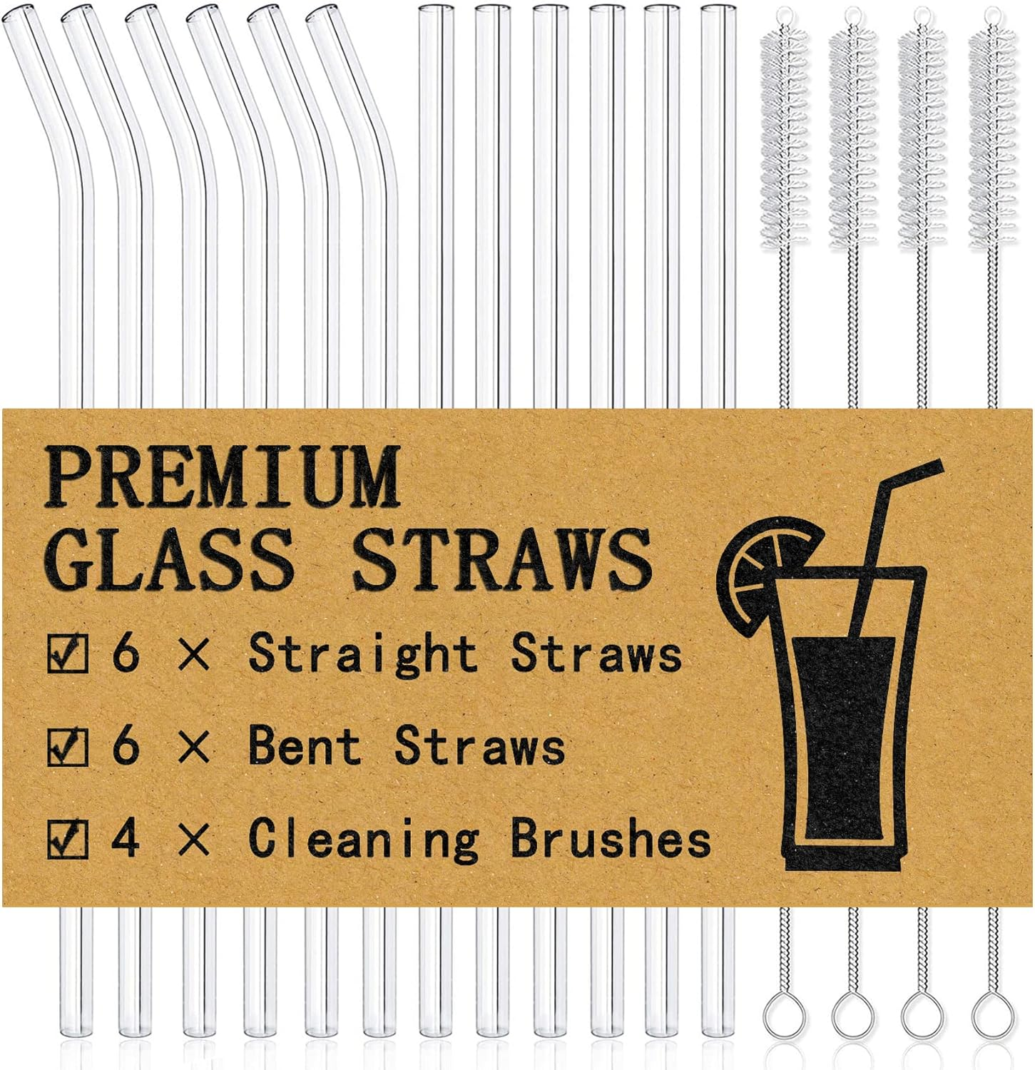 ® 16-Pack Reusable Glass Straws Set, Clear Glass Drinking Straws, 8.5''X10Mm, Set of 6 Straight and 6 Bent with 4 Cleaning Brushes, Perfect for Smoothies, Milkshakes, Juice, Tea