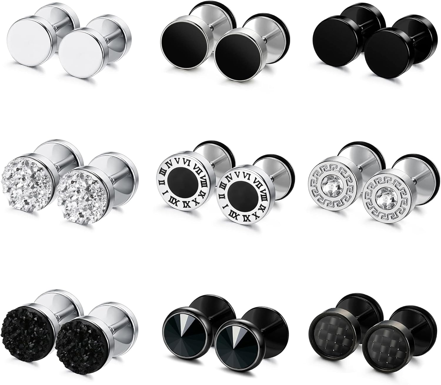 FIBO STEEL 9 Pairs Fake Gauge Earrings for Men Women Stainless Steel Stud Earring round Cheater Plug Earring Faux Gauges Ear Tunnel Mens Earrings