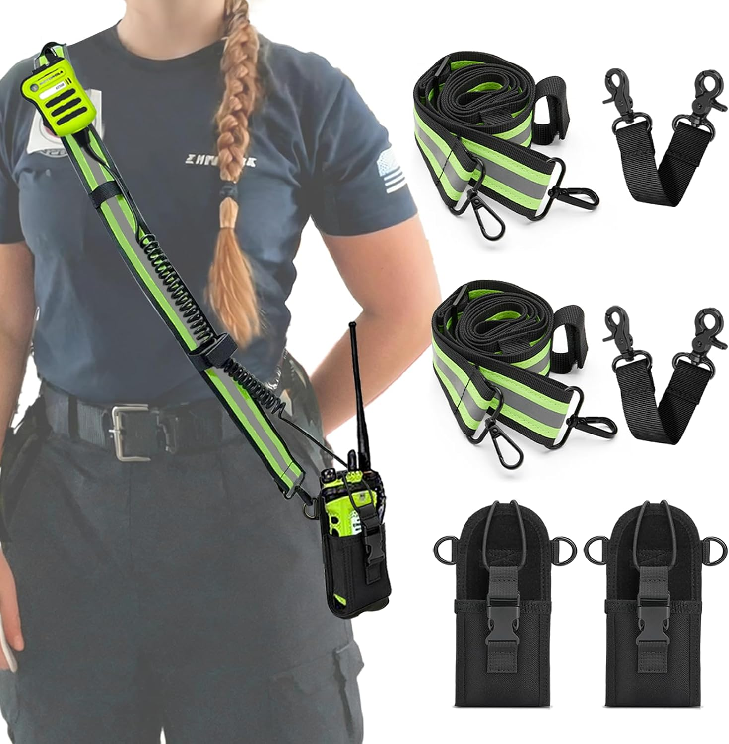 Firefighter Radio Strap and Holder | Reflective Adjustable Shoulder Mic Holder for Walkie Talkie & Two-Way Radio | EMS, Security, Event Staff | Durable Nylon with Metal Clips (2 Pack)