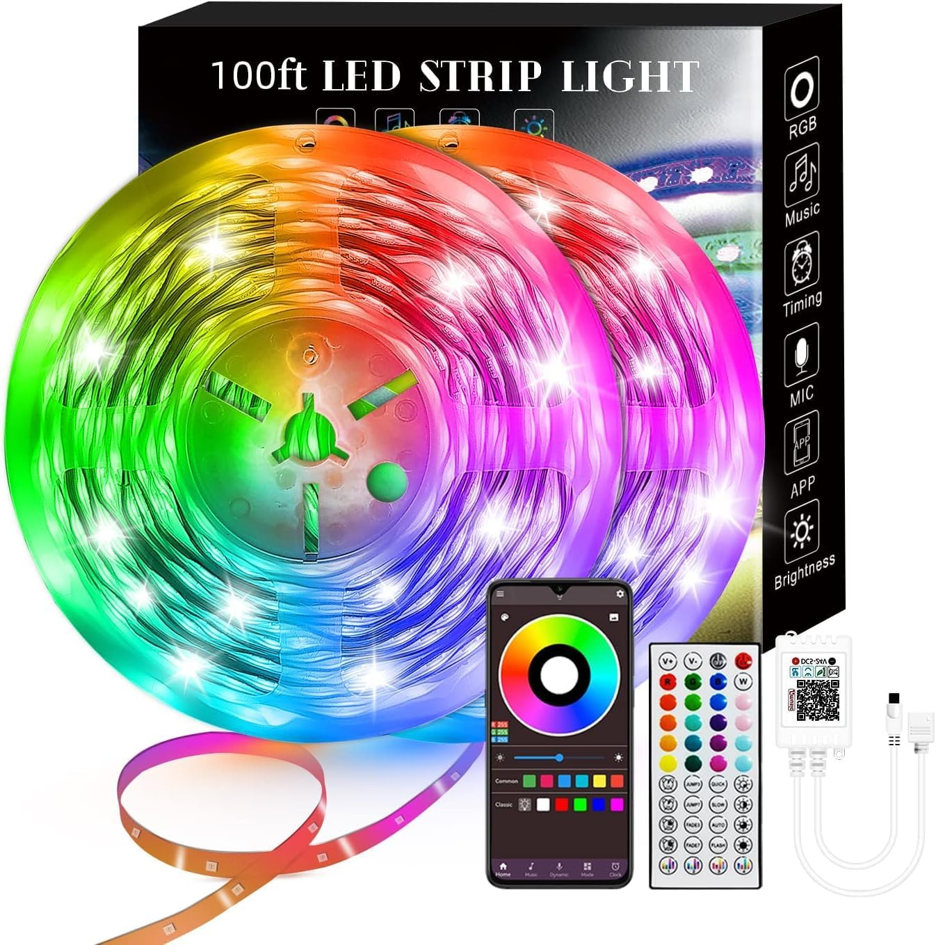 100FT Smart LED Strip Lights (2 Rolls of 50Ft), RGB Strip Lights Sync to Music 