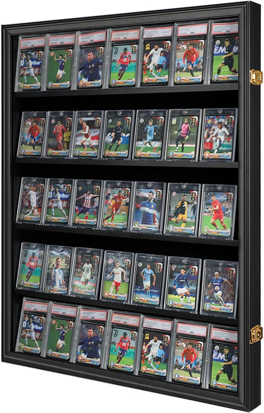 35 Graded Sports Card Display Case - Baseball Card Display Frame with UV Protection Clear View Lockable Wall Cabinet for Basketball Collectible Trading Card Black Finish