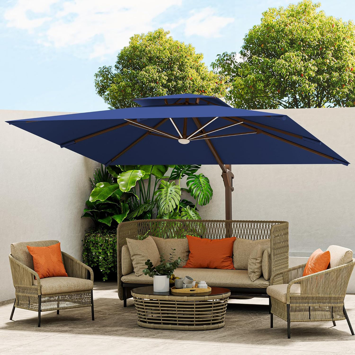 10 X 13 FT Cantilever Outdoor Patio Umbrella with LED Lights Large Heavy Duty 360° Rotation Double Top Offset Rectangular Umbrellas for Backyard Garden Pool outside Deck, Navy