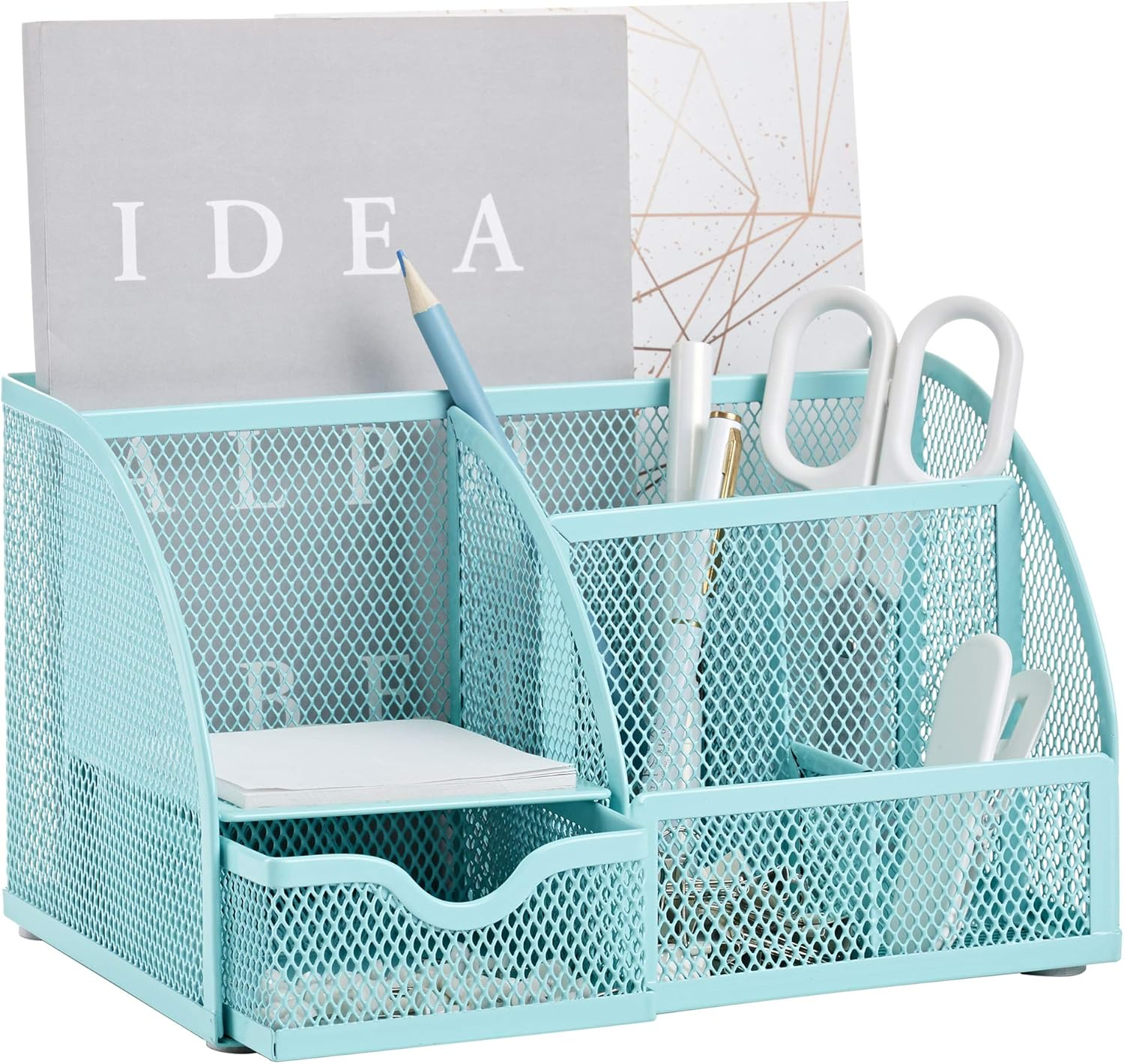 Mesh Desk Organizer Office with 7 Compartments + Drawer/Desk Tidy Candy/Pen Holder/Multifunctional Organizer (Turquoise)