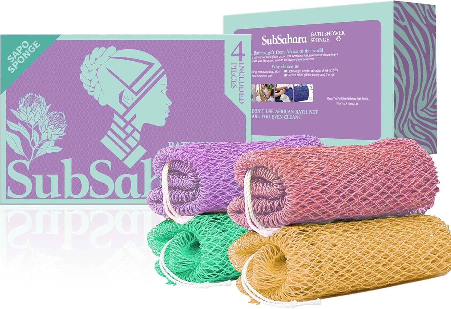 African Net Sponge Authentic - 4 Pieces Gentle Exfoliating Scrubber for All Skin Types, Bath Sponge for Face & Body, Travel Portable (Golden, Blush Powder, Mint Green, Lavender Purple)