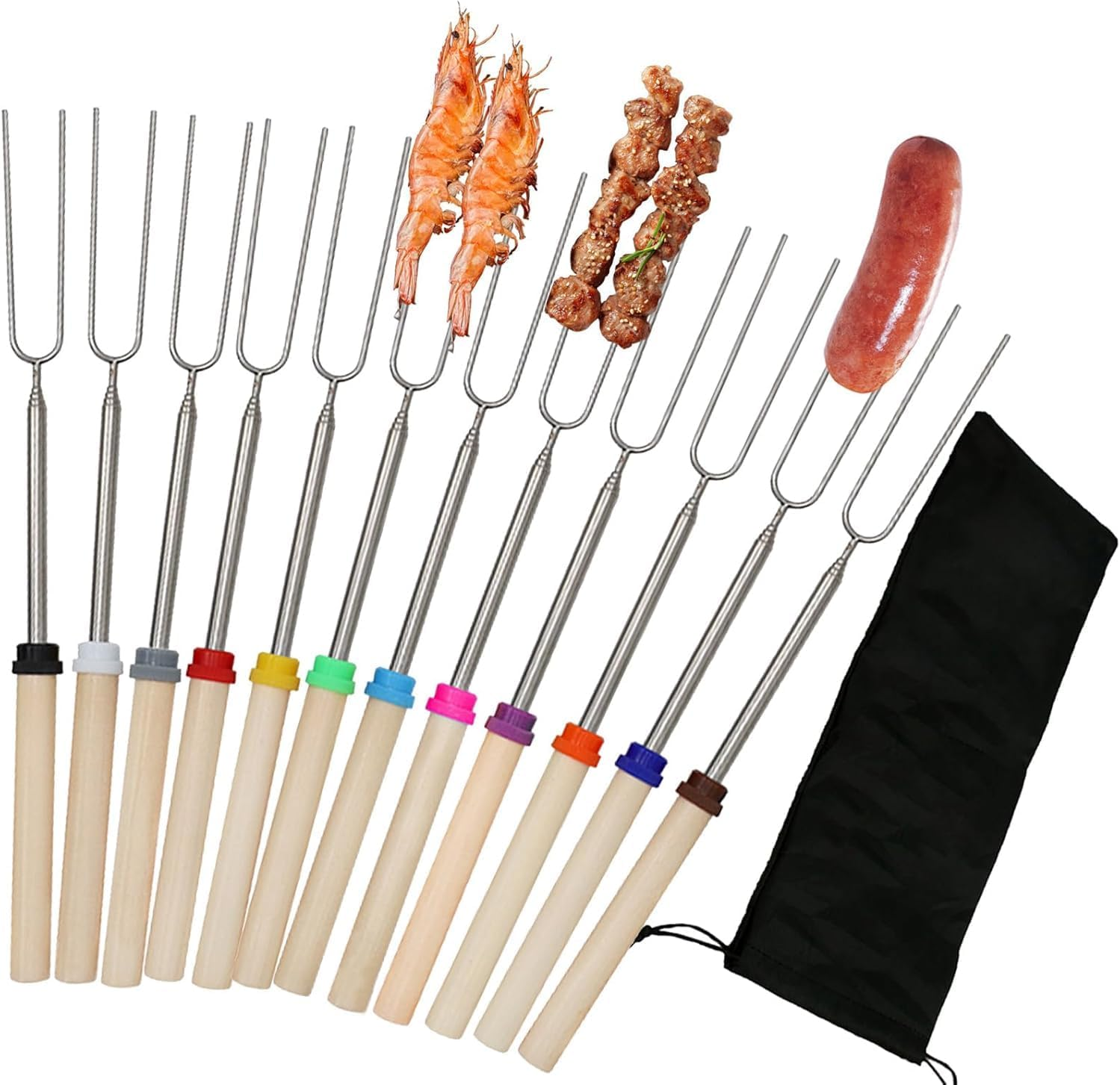 12 Pack U-Shape Marshmallow Toasting Kit, Extendable Stainless Steel Roasting Sticks with Canvas Pouch, Wooden Handle Hot Dog Skewers Toasting Fork for Camping, Picnic, Fire Pit, BBQ, Campfire Party