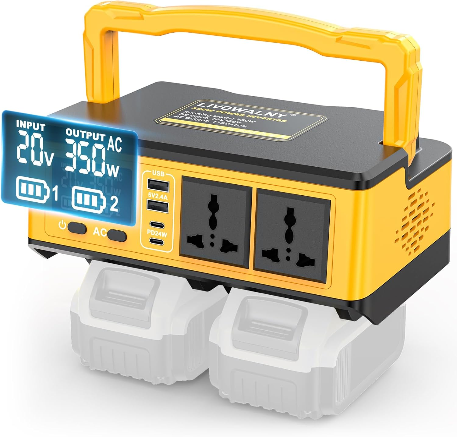 350W Power Station Compatible with Dewalt:  Portable Generator DC 20V to AC 110-120V Power Inverter Battery Adapter Phone Charger 2 USB-A & 2 Type-C & 2 AC Outlet & 7 Colors RGB Light