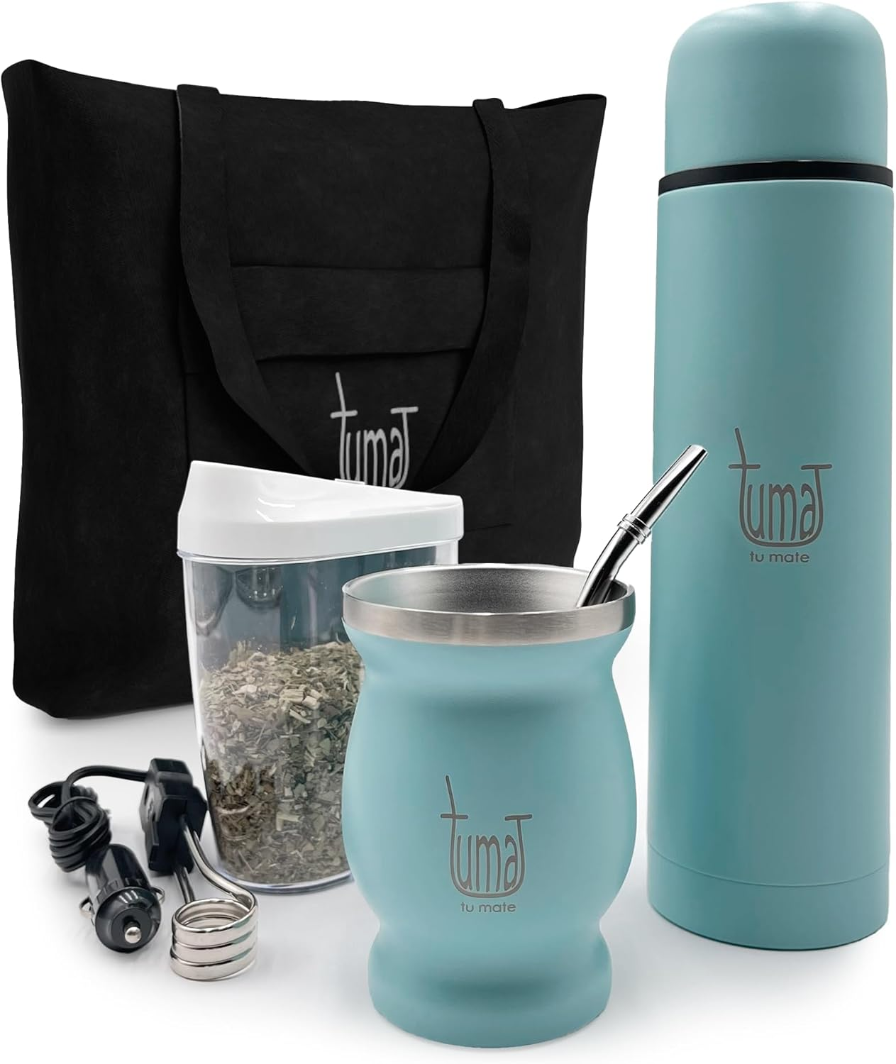 Complete Yerba Mate Kit - Includes Mate Cup, Straw (Bombilla), 750Ml Thermos, Bag and Two Gifts (Container Yerbero and Car Immersion Heater) - Stainless Steel Yerba Mate Set (Celeste)
