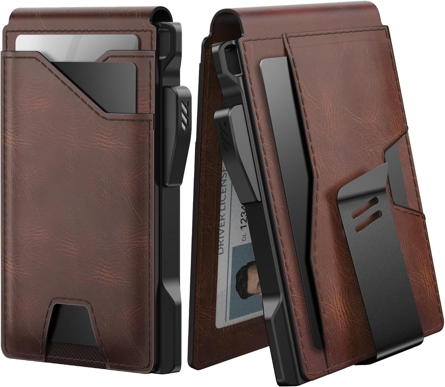 Tactical Wallet for Men Card Holder: Pop up Card Case, Genuine Leather, Smart, RFID Blocking, Slim, Minimalist, Thin, Front Pocket - 9-13 Card Capacitiy, ID Window, Money Clip (Brown)