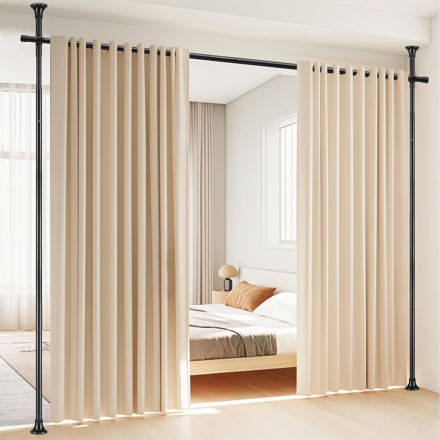 Room Divider, No Drilling Curtain Rod Room Dividers for Space Partition, Adjustable 4-10Ft(H) 28-70Inch(W) Heavy Duty Floor to Ceiling Tension Rod Temporary Wall Divider Privacy Separator Black