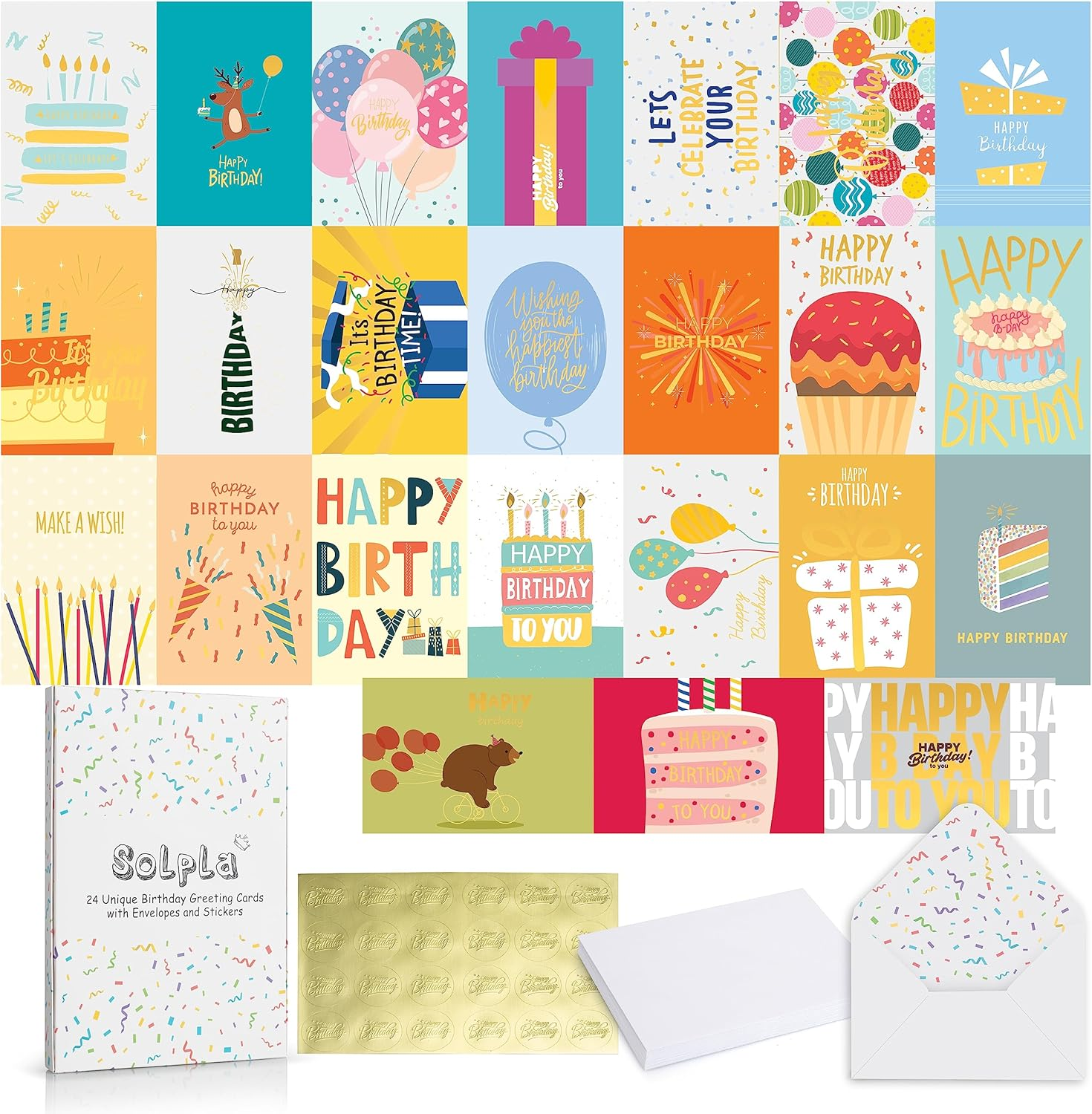 24 Pack Unique Gold Foil Birthday Cards with Envelopes & Stickers | 4X6 Inches Blank Happy Birthday Cards Assortment in Bulk for Family, Kids, Friends, Work & Office Celebrations.
