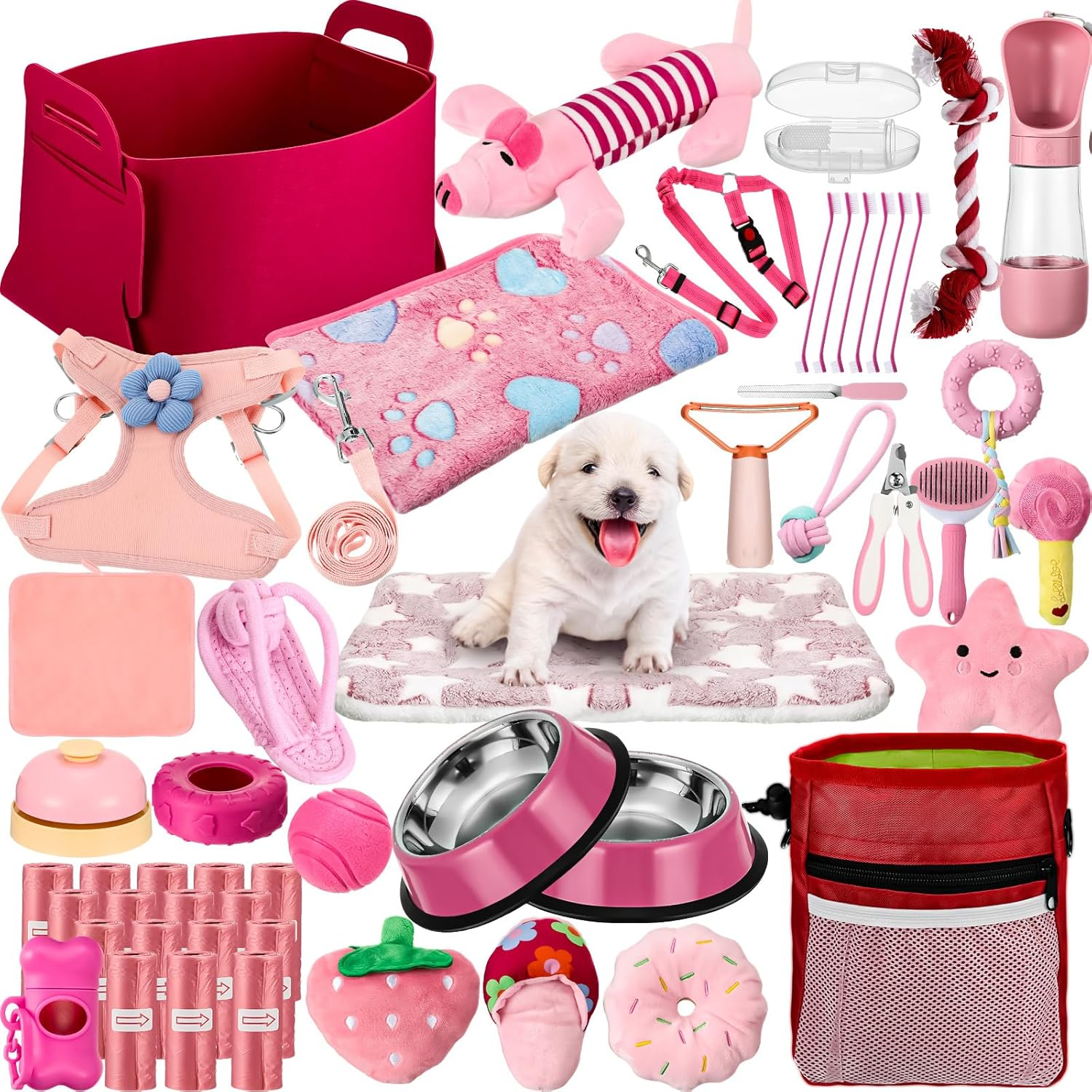 50 Pcs Puppy Starter Kit for Small Dogs Essentials Includes Leash, Bowls, Teeth Brushes, Water Bottle, and More Puppy Accessories for Dogs Welcome Gift Supplies(Female)