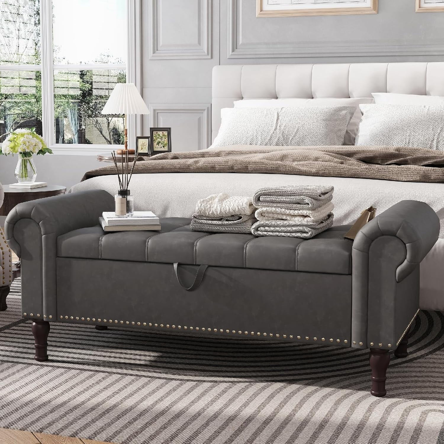 YOUDENOVA Storage Ottoman Bench for Bedroom 51" Queen Leather Storage Bench with Button, Upholstered Bedroom Bench with Rolled Arms for Living Room, Storage Room, Entryway, Gray