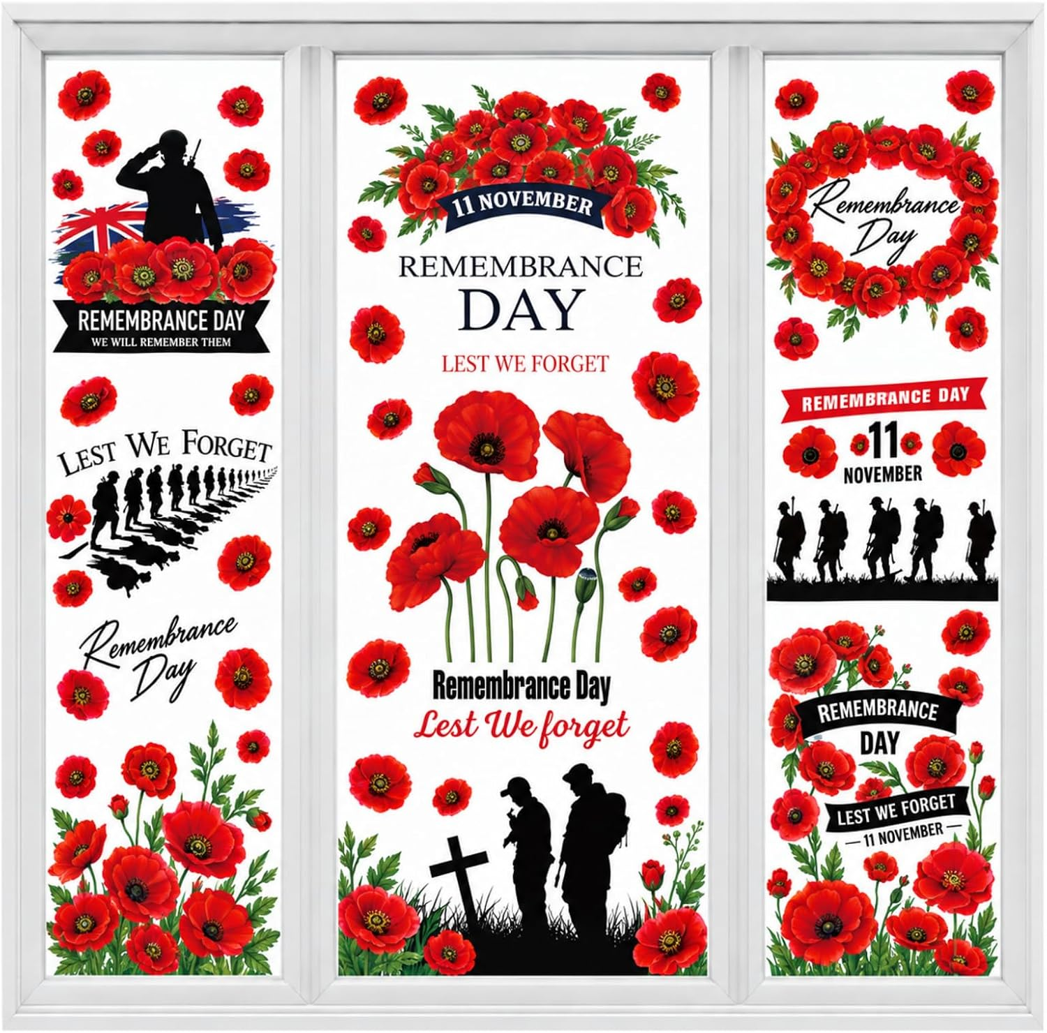 10 Sheet Lest We Forget Window Stickers, Poppy Day Window Stickers, Poppy Flower Decals, Remembrance Day Windows Sticker, Remembrance Days Poppies Soldiers Windows Sticker, Decor for Glass,Home,Car