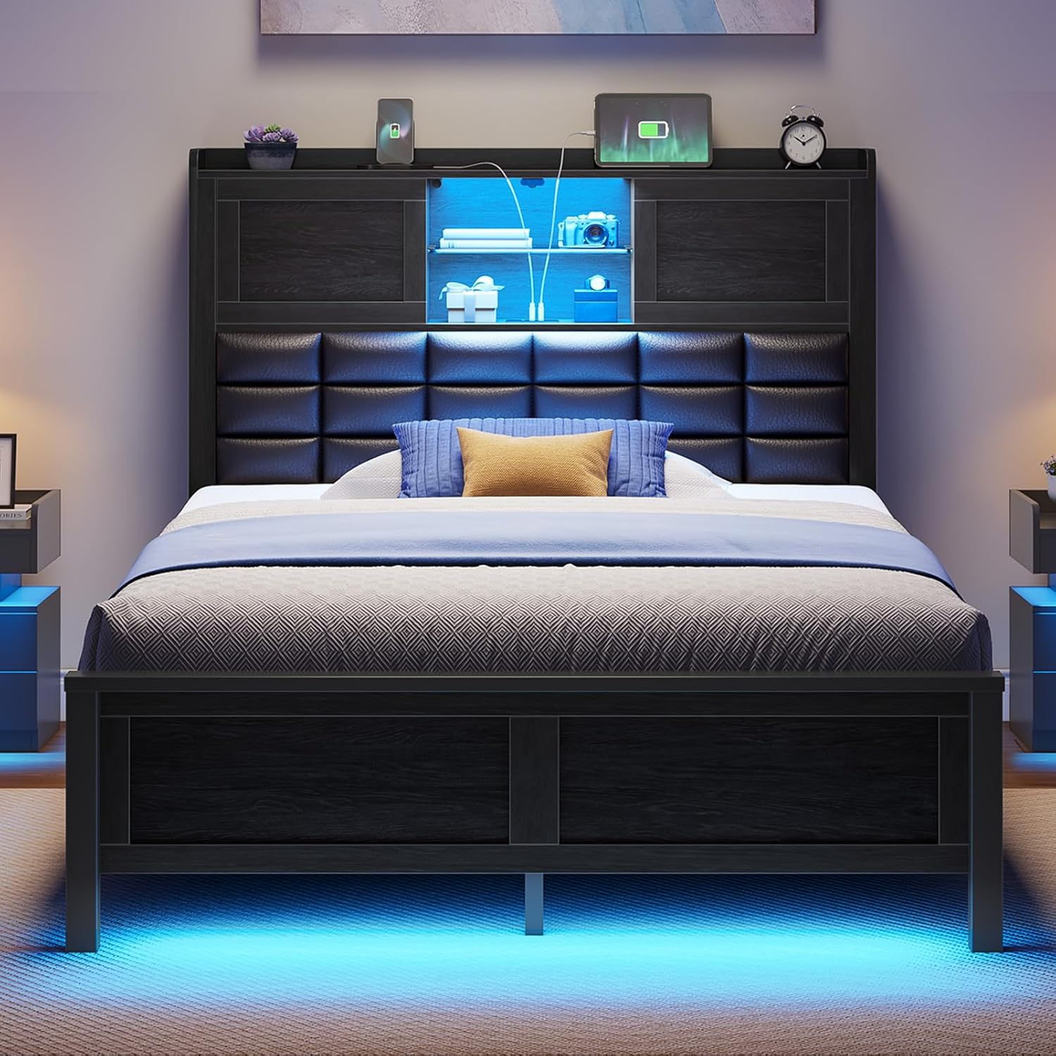 Bed Frame Twin Size with Charging Station, Bookcase Headboard Bed with LED Light and Sliding Doors, Platform Bed with Wooden Slats, No Box Spring Needed, Noise Free, Black