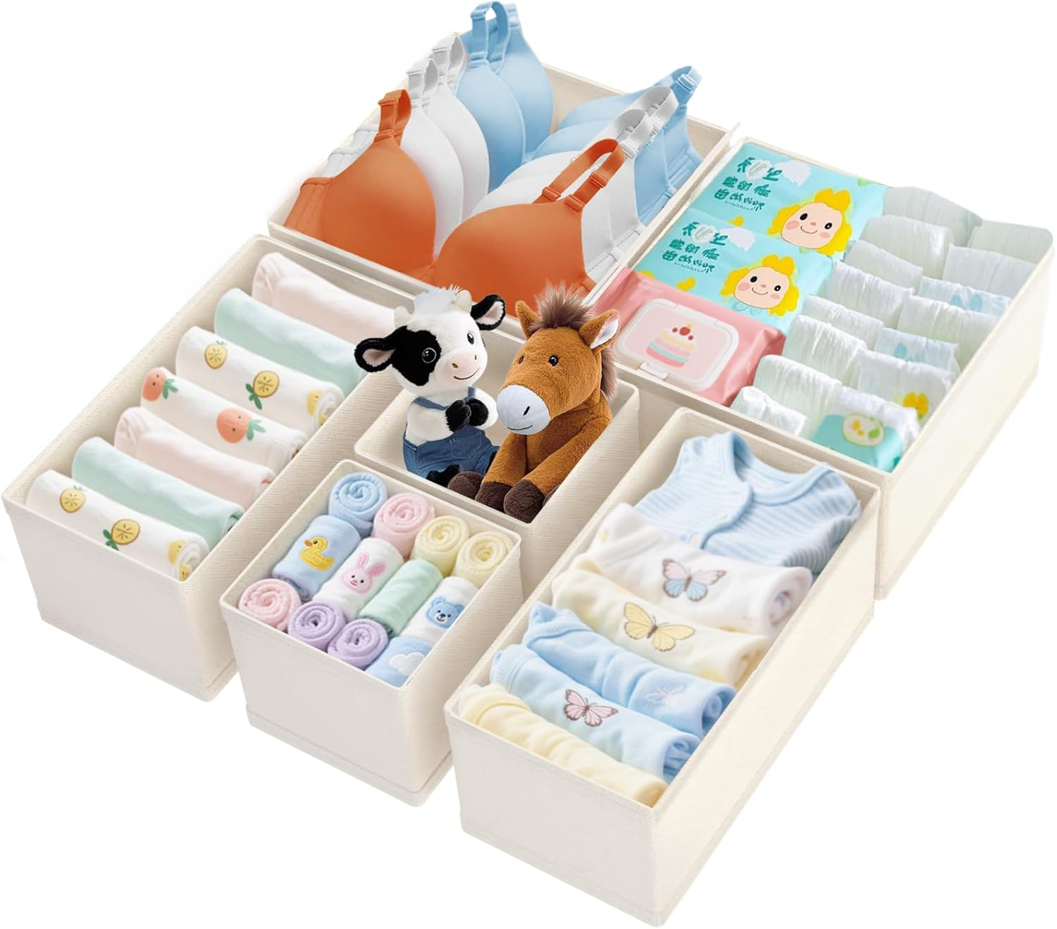 Drawer Organizer Clothes - Dresser Organizer for Baby Clothes, Underwear, Sock - Nursery Organization - Foldable Closet Organizatio Dividers for Bra, Belt, Tie (Beige, 6 Pack)