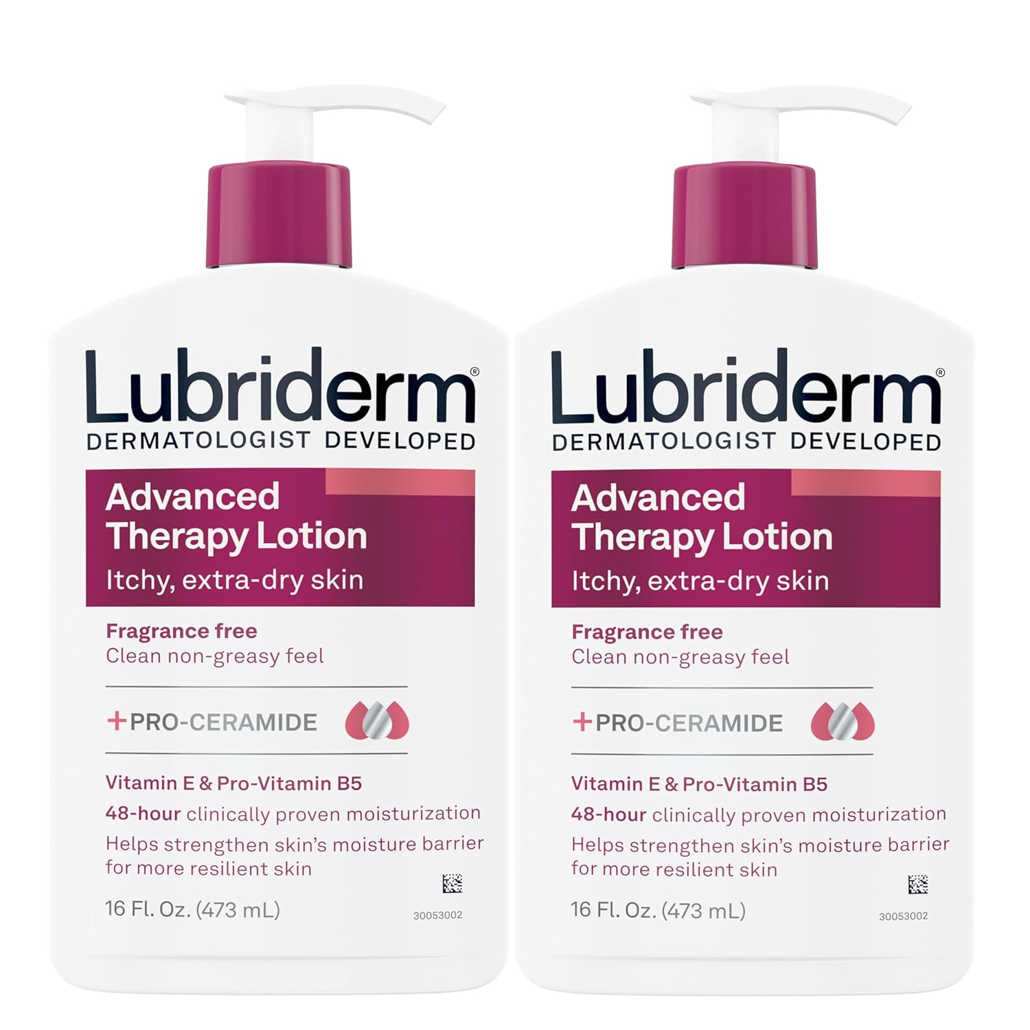 Lubriderm Advanced Therapy Fragrance Free Moisturizing Hand & Body Lotion + Pro-Ceramide with Vitamins E & Pro-Vitamin B5, Intense Hydration for Extra Dry Skin, 16 Fl. Oz, 2 Pack