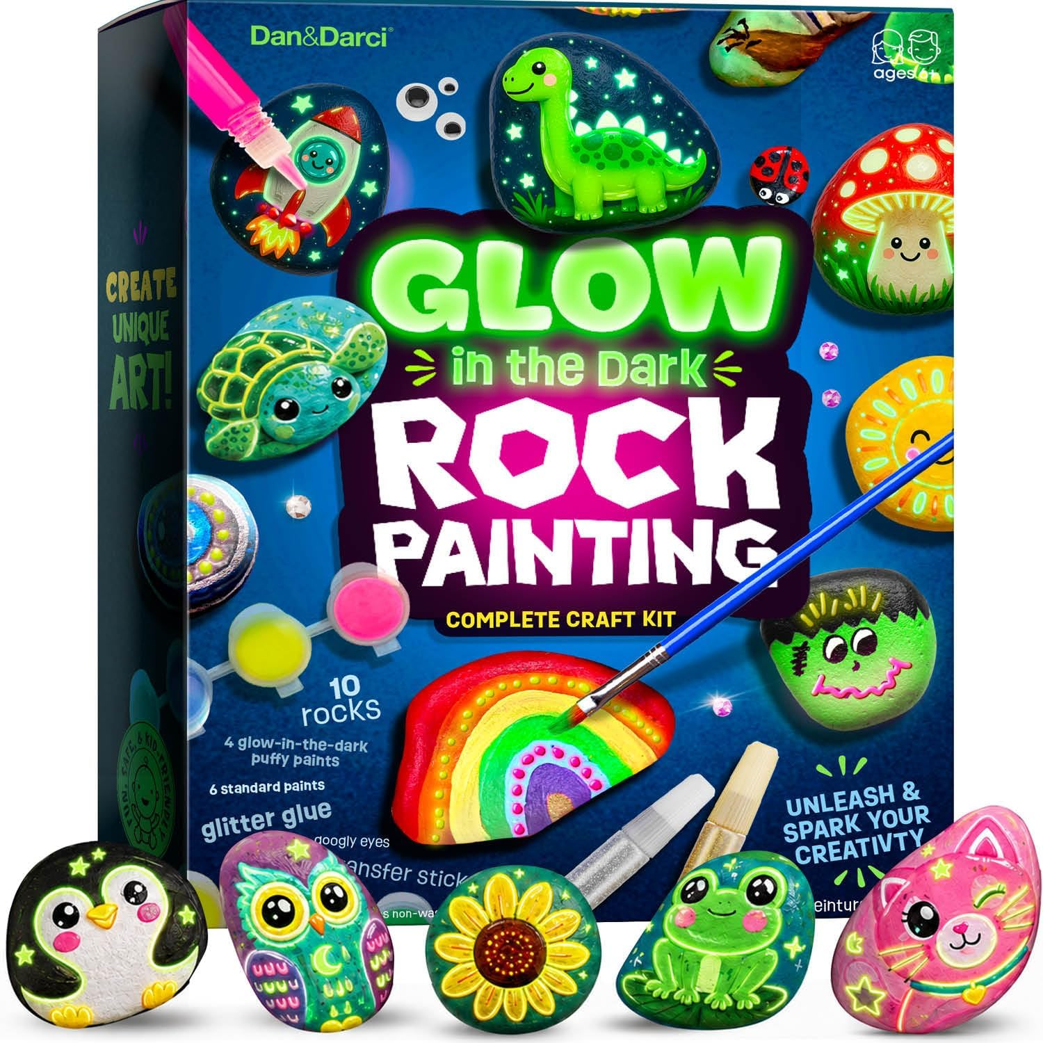 Dan&Darci Kids Rock Painting Kit - Glow in the Dark - Gifts Arts & Crafts for Boys and Girls Ages 6-12 - Craft Activities Kits - Creative Art Toys for 6, 7, 8, 9, 10, 11 & 12 Year Old Kid