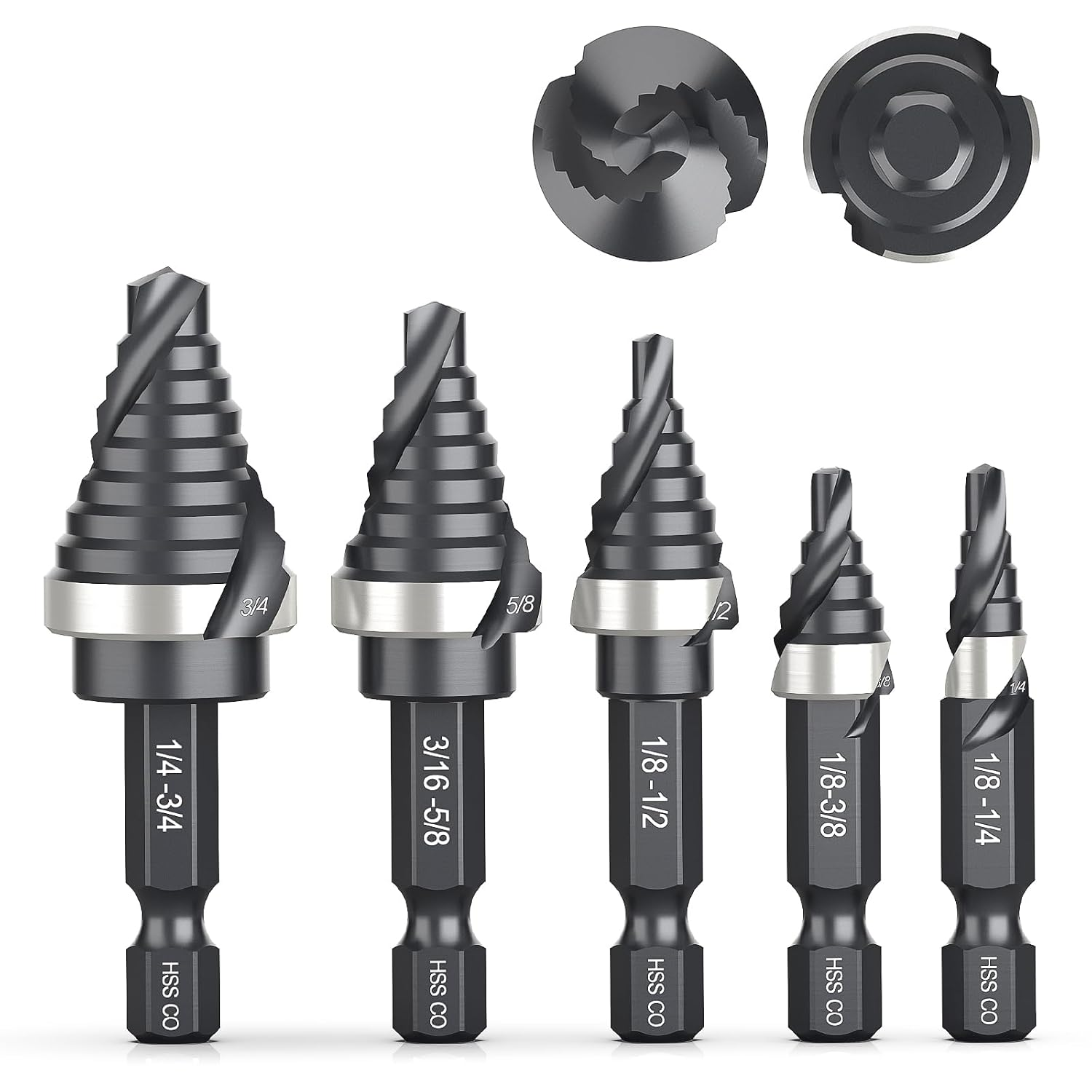 M35 Cobalt Spiral Flute Step Drill Bit Set, 5 Pcs Single Size HSS Step Bits (1/8"-3/4"), Small Size EDC Unibit with 1/4" Shank Step Bits for Metal, Aluminum, Steel, Wood Plastic