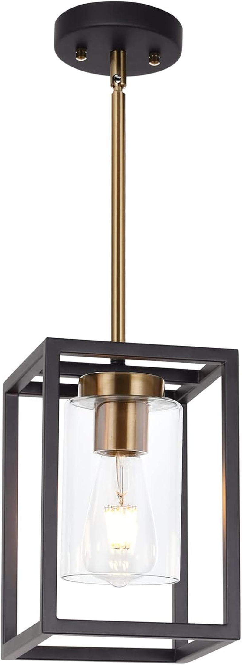 1-Light Mini Lantern Pendant Light,Black and Brushed Brass Finish Farmhouse Chandelier with Clear Glass Shade Foyer Cage Hanging Ceiling Lighting for Kitchen Island Dining Room Entryway
