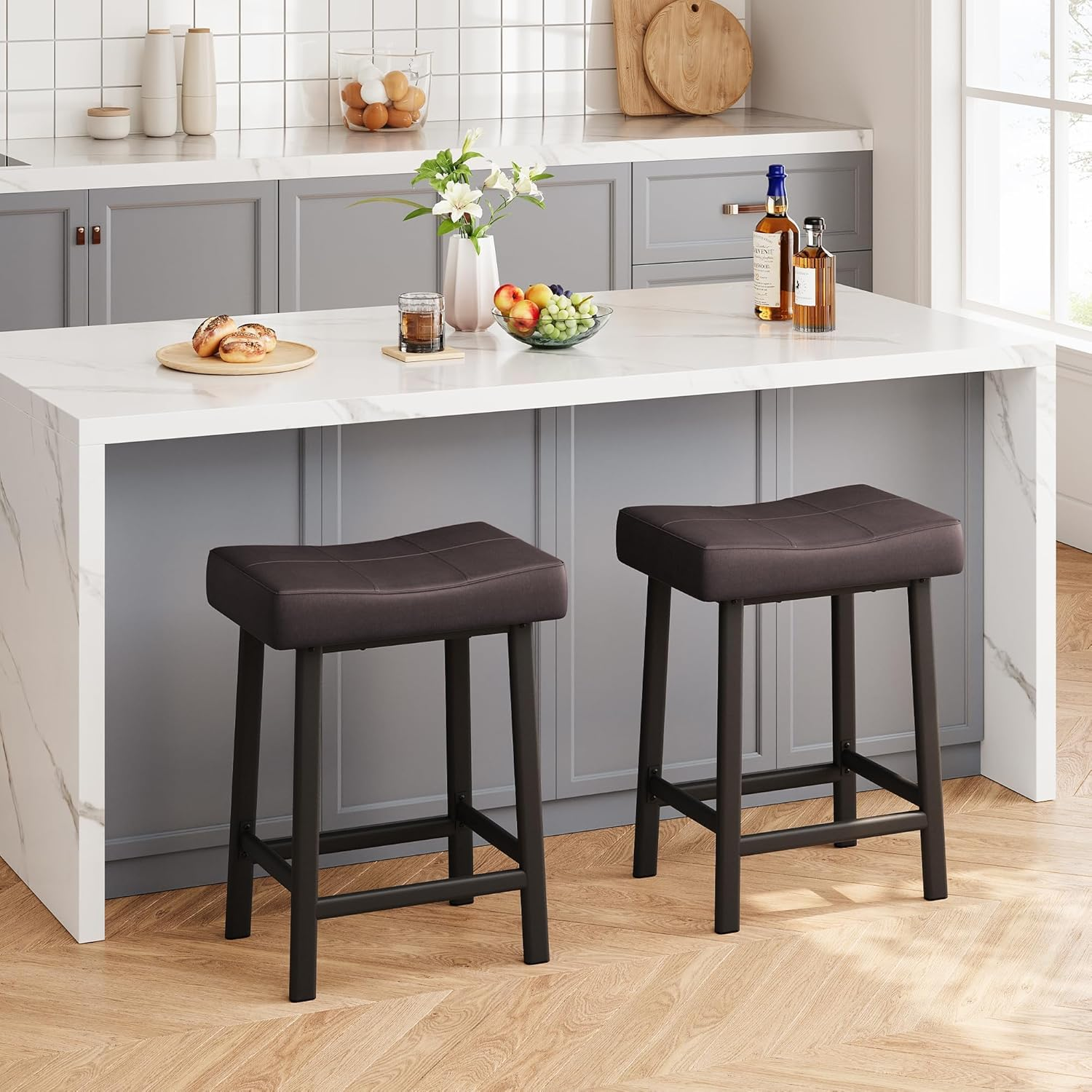 Set of 2 Modern 24” Upholstered Saddle Bar Stools with Metal Frame - Brown